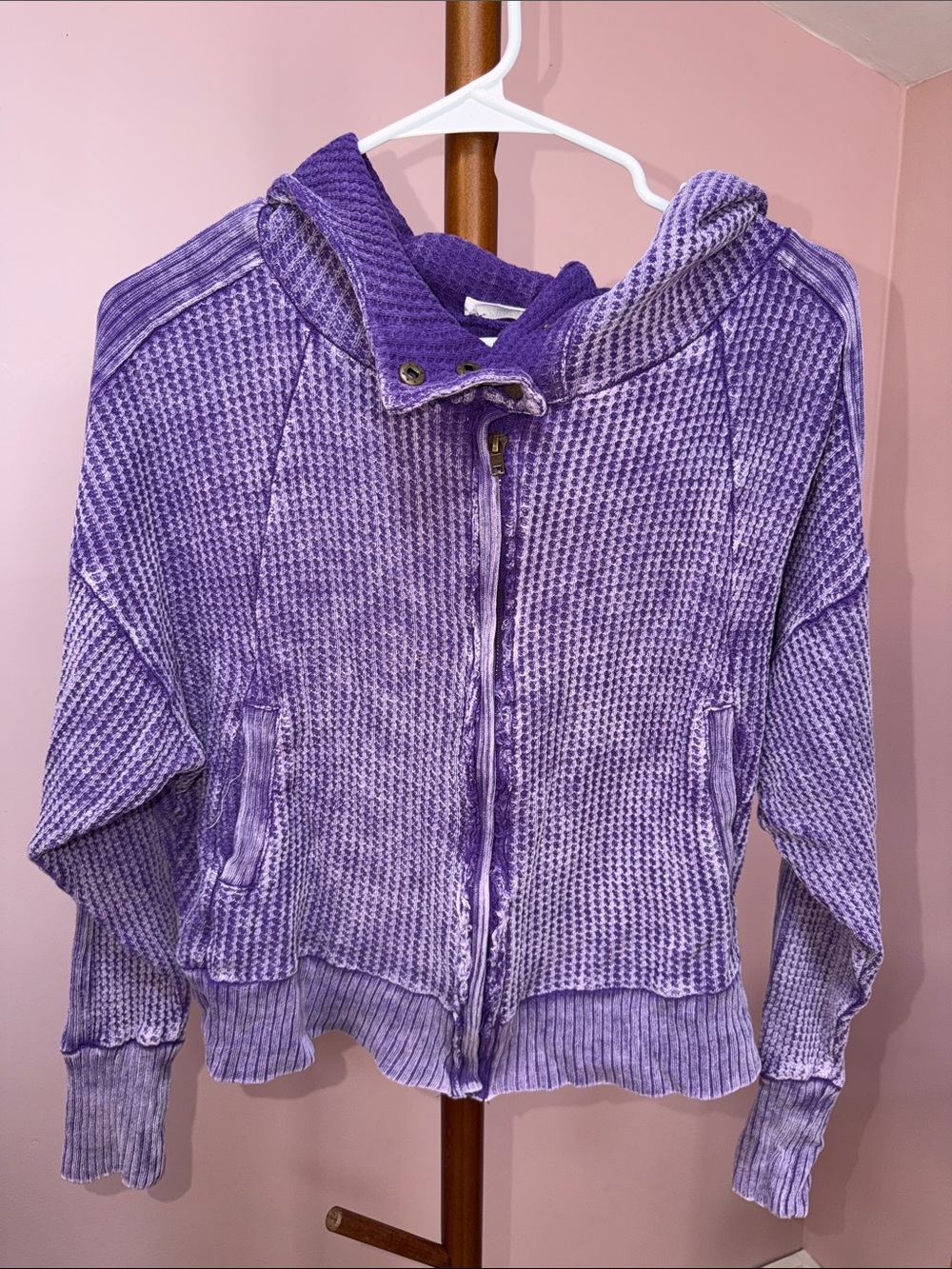 Zenana Outfitters Lavender Waffle-Knit Hooded Zip Jacket